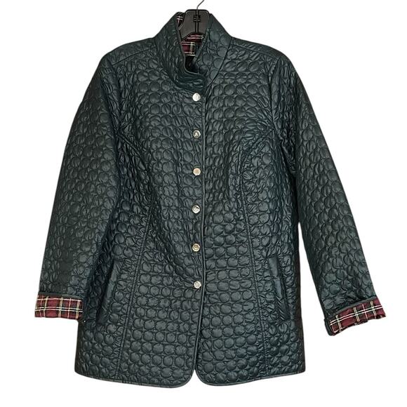 Dennis Basso Size Small Water Resistant Quilted Jacket Welt Pockets Green Plaid - Picture 1 of 10